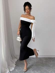 Rafferiza 女士蝴蝶结装饰优雅修身黑色露肩长裙 - 黑色 - 查看 3