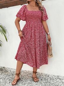 SHEIN Clasi Plus Size Women Ditsy Floral Off Shoulder Square Neck A-Line Ruffle Sleeve Dress - Red and White - View 4