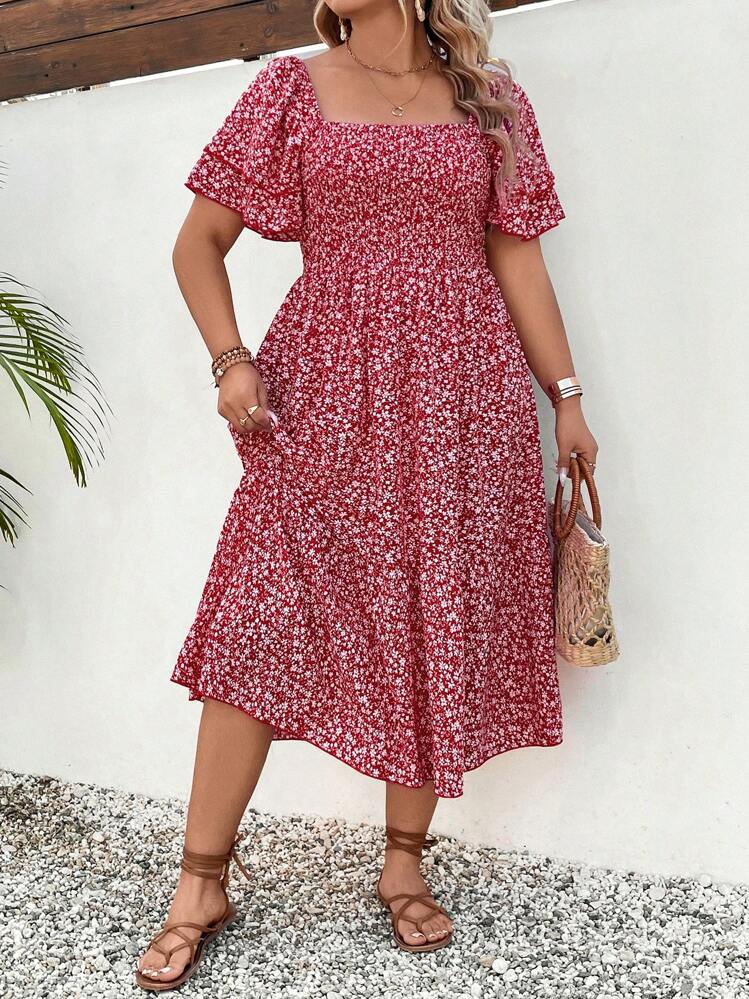 SHEIN Clasi Plus Size Women Ditsy Floral Off Shoulder Square Neck A-Line Ruffle Sleeve Dress - Red and White - View 4