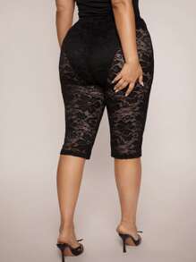 SHEIN BAE Plus Size Women's Black Lace Semi-Sheer Cami Shorts, Elegant & Sexy, Suitable For Dailywear, Vacation - Black - View 2