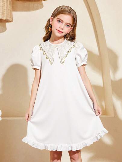 女孩优雅金领泡泡袖连衣裙