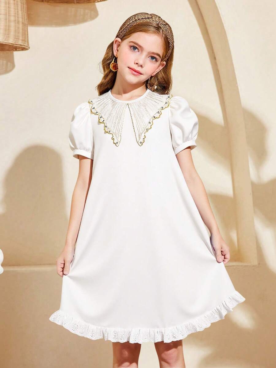 女孩优雅金领泡泡袖连衣裙 - 杏色 - 查看 1