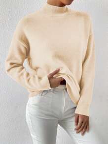 SHEIN LUNE 女式纯色立领落肩长袖套头衫，秋冬