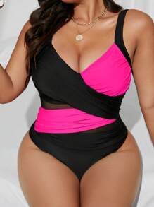 Swim SXY Traje de baño de una pieza talla grande para mujer con diseño de bloques de color y malla cruzada para verano y vacaciones en la playa