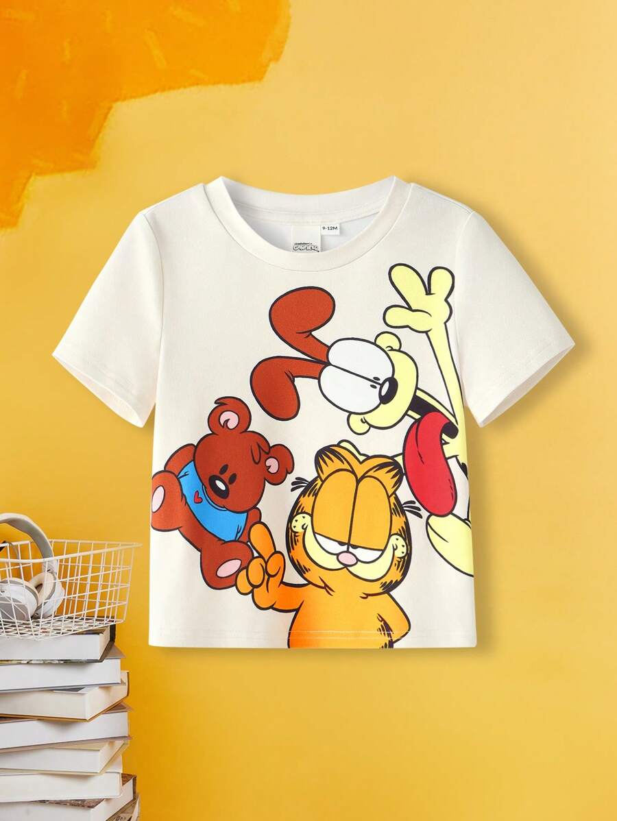 GARFIELD X SHEIN Maglietta a maniche corte casual per bebè maschio con simpatico motivo a cartone animato di cucciolo e orsacchiotto