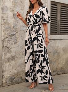 SHEIN Clasi 女士优雅树叶印花 V 领系腰荷叶边袖连体裤 - 彩色 - 查看 5