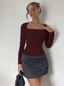 Almamuse 小众设计修身长袖方领衬衫 - 中紫紅色 - 查看 6