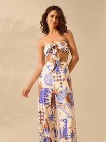 CAJUNI 女士度假休闲海滩热带飞马印花露肩露背撞色抹胸夏季背心 - 彩色 - 查看 6