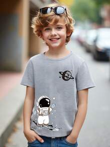 SHEIN Junge In Der Pubertät 1 Stück Basic T-shirt Mit Rundhals Und Astronaut Cartoon Muster Druck