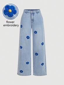 SHEIN MOD 女士休闲花卉刺绣阔腿牛仔裤