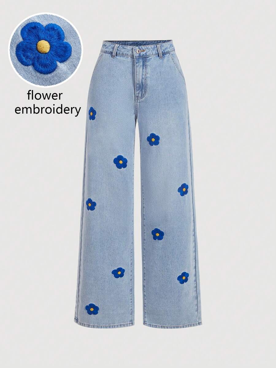 SHEIN MOD 女士休闲花卉刺绣阔腿牛仔裤