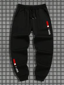 Manfinity Dauomo Men's Letter Print Drawstring Waist Casual Sweatpants - Black - View 3