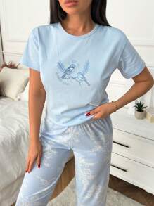 SHEIN Cottnline Women 2pcs Contrast Colour Bird&Flower Printed Shirt And Contrast Colour Floral Pattern Sleep Bottom PJ Set - Baby Blue - View 3