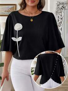 EMERY ROSE Plus Size Women's Woven Fabric Blouse, Round Neck, Chest Appliqued Flower, Balloon Sleeve, Beaded Back, Casual Elegant Daily Commute, Spring/Summer Short Sleeve Shirt. Fitted And Comfortable Design, Suitable For Music Festivals, Valentine's Day, Thanksgiving, New Year's, Christmas, Halloween And Other Holidays, Casual Gatherings, Beach Vacations, Park Picnics, Daily Commute, Wedding And Cocktail Parties. Comfortable Fabric, High Cost Performance. - Black - View 2