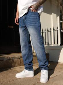 Manfinity Homme Men's Straight Loose Fit Casual Multi-Pockets Jeans, Versatile - Medium Wash - View 6