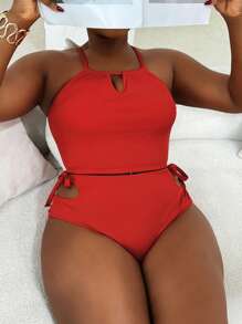 Plus Size Women Halter Hollow Design Casual Vacation Swimwear Set For Summer - Red - View 4