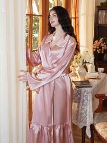 Elegant Color Contrast Ruffle Trim Women's Bathrobe - Dusty Pink - View 4