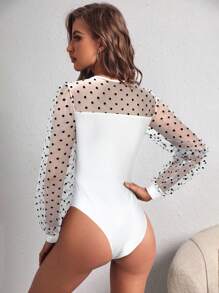 SHEIN Privé Crew Neck Mesh Patchwork Knit Bodysuit
