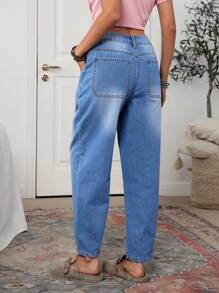 SHEIN LUNE High Waisted Loose Distressed Asymmetrical Patchwork Design Women's Boyfriend Jeans - Blue - View 7