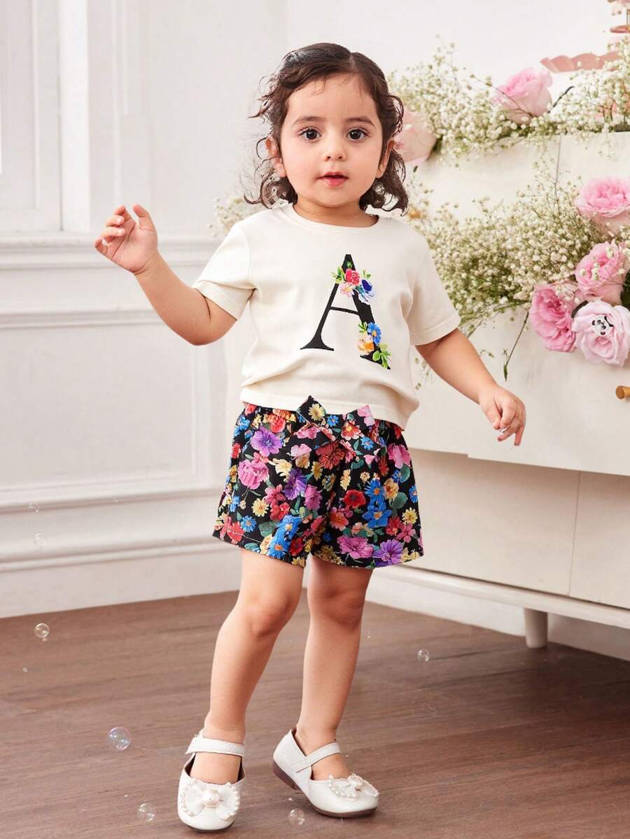 2pcs Baby Girls Ditsy Floral Dress + Casual T-Shirt Set, Summer - White - View 1