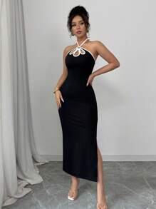 Rafferiza Đầm ôm body hở lưng hở lưng gợi cảm phong cách Pháp thanh lịch cho nữ - Đen và trắng - Xem 3