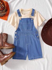 SHEIN 2pcs Set Young Boys Spring/Summer Wildeya New Styles, Medium Wash Denim Overalls Paired With Basic Beige T-Shirt, Casual Fashion Classic Outfit Suitable For Outdoor Activities And Daily Wear