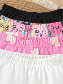 SHEIN 4pcs Young Girls Elastic Waist Cat & Heart Graphic Print Knitted Stretch Shorts, Comfortable And Fashionable Leggings Summer Holiday