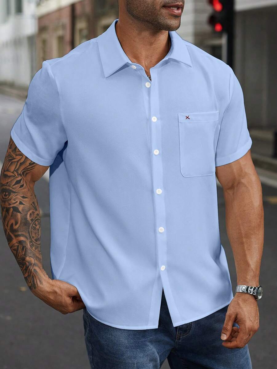 Manfinity Homme Plus Size Men's Solid Color Short Sleeve Single Breasted Pocket Casual Shirt - Baby Blue - View 1