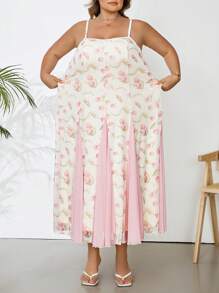 SHEIN CURVE+ Vestido largo de mujer talla grande con estampado de tulipanes en rosa, vestido de verano con gran dobladillo, vestido de graduación, vestido de playa para mujer, curvas, conjunto bohemio de vacaciones en la playa para mujer/vestido de playa/conjuntos de vacaciones en la playa/esenciales de playa/graduación/vestido de té - Multicolor - Ver 6