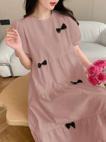 DAZY Ladies' Butterfly Decor Round Neck Short Puff Sleeve Ruffle Hem A-Line Dress, Back To School Formal Dress Sundress - Pink - View 4