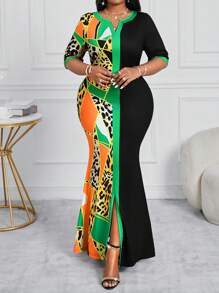 Fleurora Plus Size Women Leopard & Geometric Print Slit V-Neck Short Sleeve Bodycon Dress With Fish Tail Hem