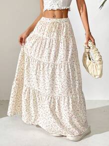 SHEIN EZwear 大码女式碎花荷叶边下摆休闲宽裙