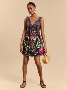 Travachic Robe mini à encolure en V avec épaules dénudées imprimée, tissée pour femmes