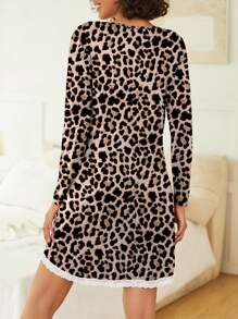 Women's Leopard Print Round Neck Long Sleeve Contrast Lace Casual Dress Fall Cloth For Women - Multicolor - View 2