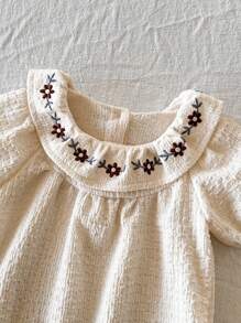 Vintaside Kids Baby Girl Floral Embroidery Ruffle Collar Short Puff Sleeve Cute Bodysuit - Beige - View 4