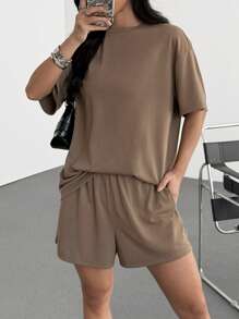 SHEIN EZwear 棕色针织基本款休闲宽松T恤套装