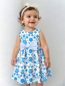 Cozy Pixies 女婴碎花蝴蝶结装饰圆领无袖高腰连衣裙 - 藍色 - 查看 3