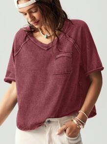 Bohemela BOHO Casual Solid Color Knitted Crew Neck Raglan Short Sleeve Loose T-Shirt For Women