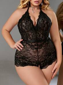 SHEIN 1 件大码蕾丝内衣紧身衣 - 黑色 - 查看 4