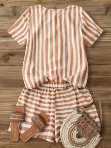 SHEIN LUNE Conjunto de 2 piezas de talla grande para mujer con camisa y shorts a rayas con hebilla de metal, en colores contrastantes, para el Día de San Valentín, atuendos casuales de primavera y verano, atuendos de rave para el Día de San Patricio, atuendos de primavera y verano para festivales, estilo bohemio para el Día de San Patricio - Multicolor - Ver 2