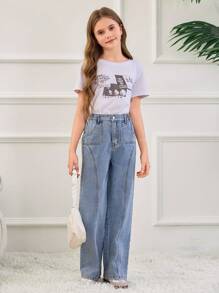 Denimly 直筒牛仔裤 - 中度洗水，青少年女孩休闲日常都市街头