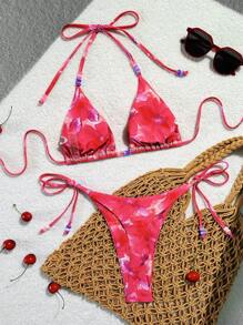 Swim Vcay 女士夏季沙滩装，印花系带串珠吊带露背三角比基尼套装