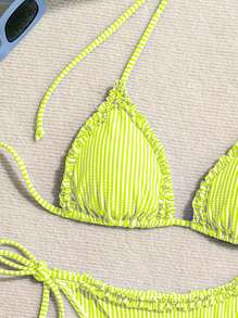 Swim Mod 女士条纹航海风拼接荷叶边系带比基尼套装，适合夏季海滩度假 - 黃色 - 查看 5