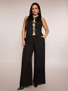 SHEIN BAE Plus Size Women Sleeveless Mesh Crisscross Bow Backless Vest Summer Top, Suitable For Daily Commute, Vacation, Summer Holiday, Graduation, Birthday, Mother's Day