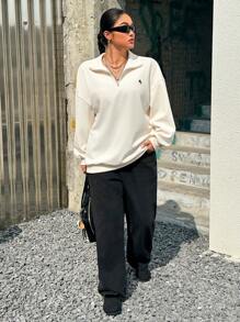 CovetEZ Plus Size Casual Loose Pullover With Half-Zip And Knight Graphic, Lightweight Spring/Summer - Beige - View 5