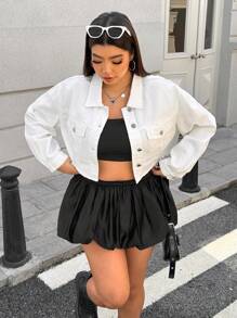 SHEIN ICON Plus Size Women Single-Breasted Fringe Hem Cropped Casual Denim Jacket, Long Sleeve
