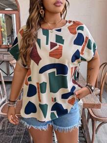 SHEIN LUNE Plus Size Women's Woven Geometric Color Block Print Twist Back Cutout Raglan Short Sleeve Resort Shirt For Summer - Multicolor - View 4