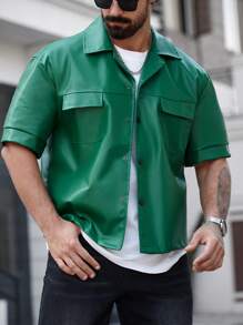 Manfinity Homme 大码男式纯色 PU 皮革单排扣工装口袋短袖衬衫