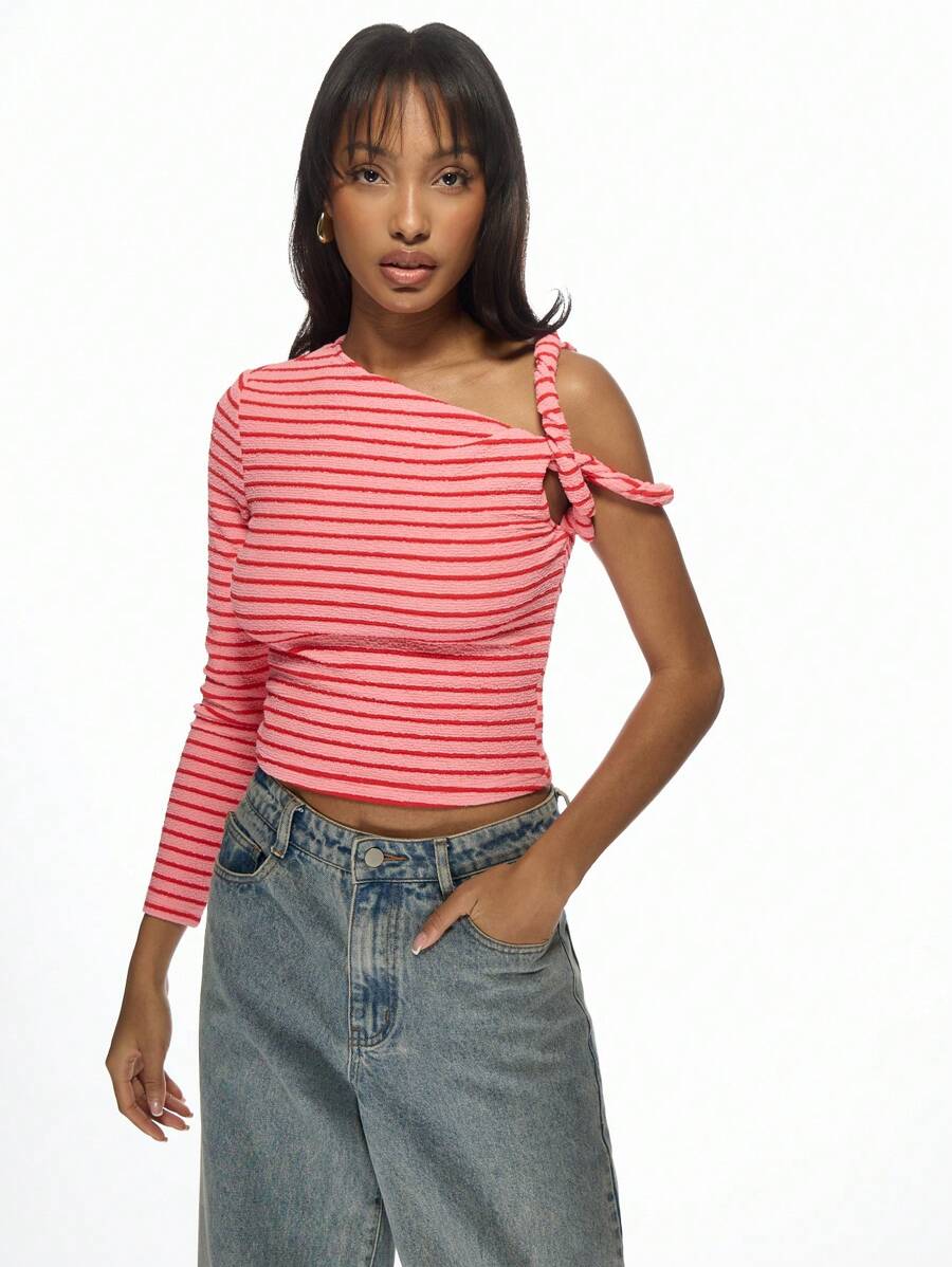 MISSGUIDED Blusa de manga larga con detalle de giro, de un hombro asimétrico a rayas, de uso casual de verano, esencial de primavera, ropa de oficina básica para uso diario