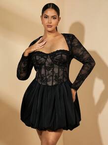 SHEIN BAE 大码女式优雅蕾丝拼布长袖透视喇叭裙，春夏 - 黑色 - 查看 3